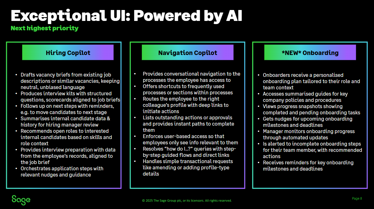 Sage People FY25 product roadmap, slide 8 of 11: Exceptional UI powered by AI.